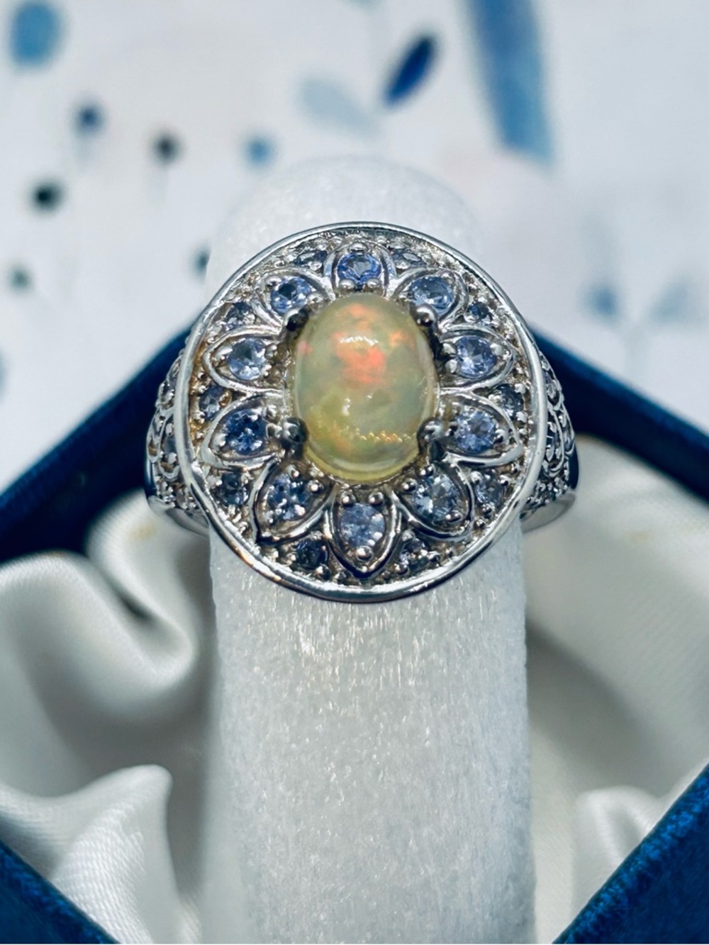 Sterling Opal Floral Halo Ring with Blue Accents